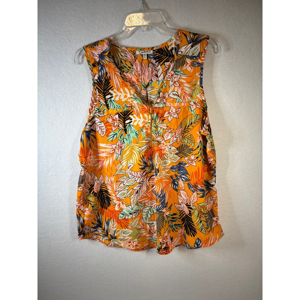 Mileage Womens XL Tropical Floral Sleeveless Blouse Orange Half Zip Tank Top